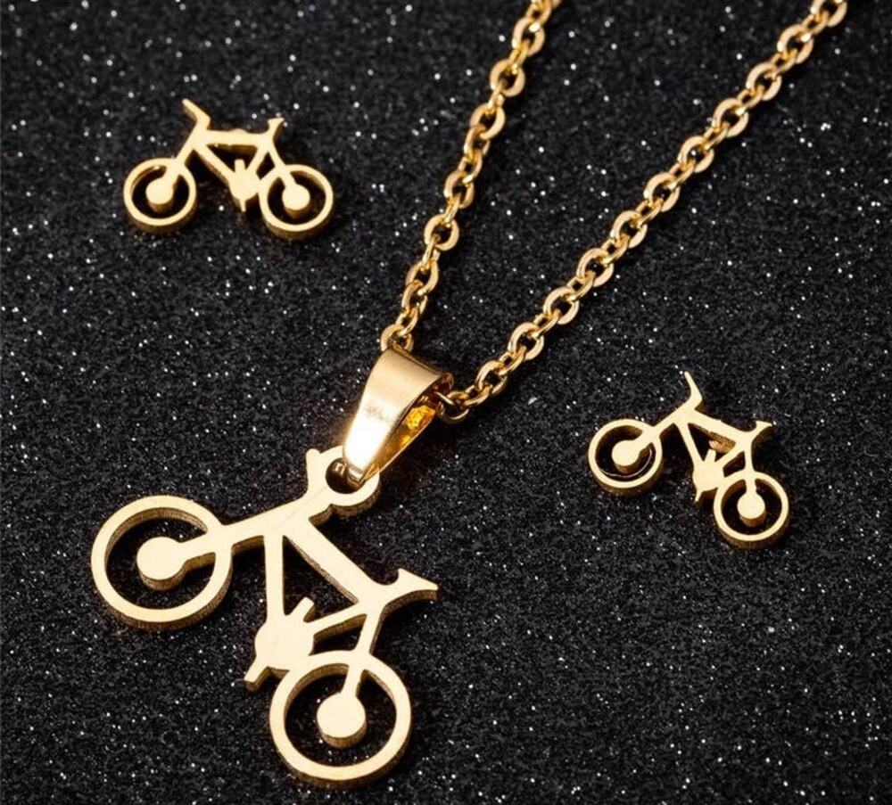 Bicycle Necklace and Earring Set Dainty 17" Length  Chain Stainless Steel Gold